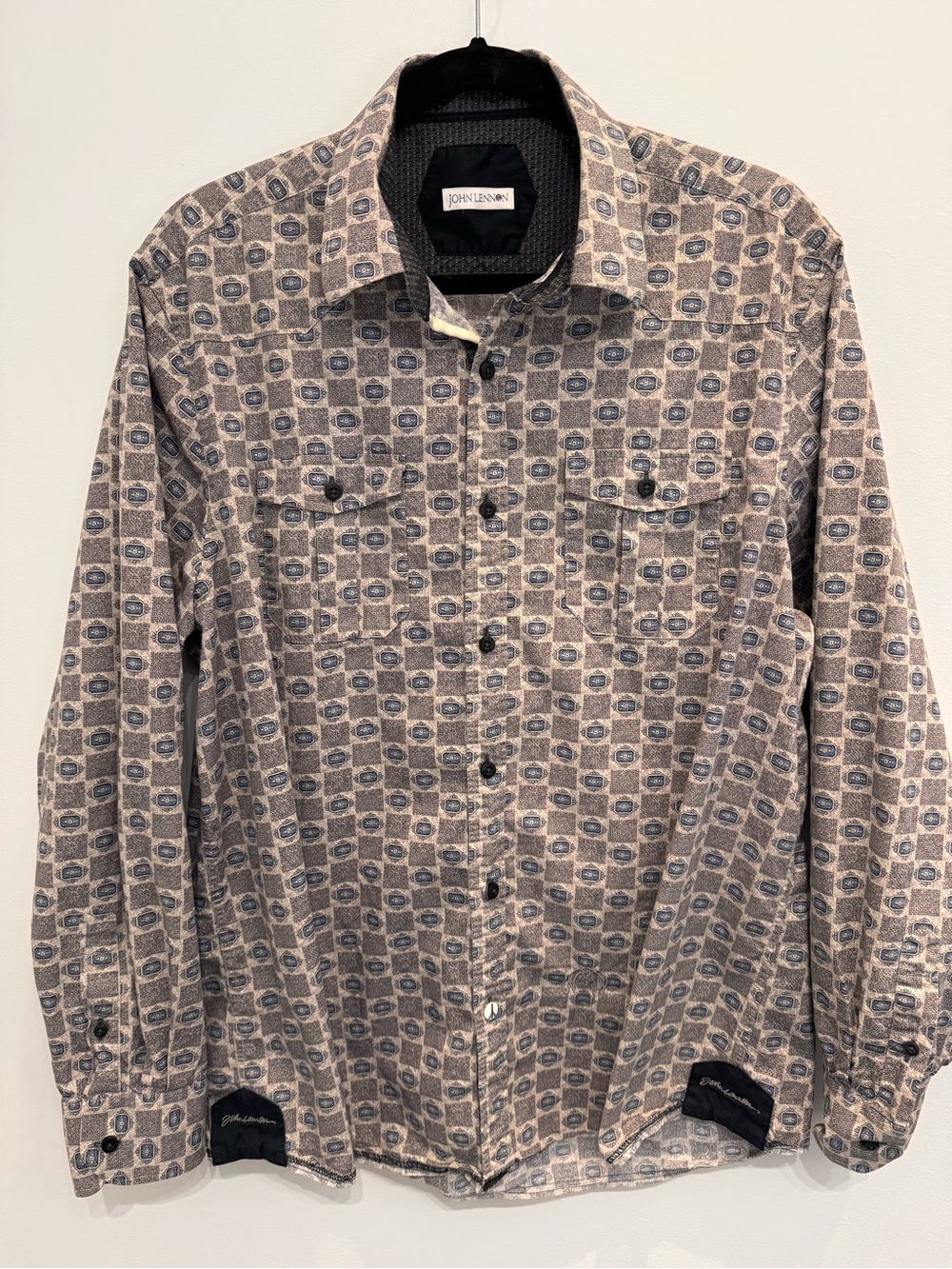 John Lennon XL Geometric Print Cotton Shirt Embroidered Portrait Peace Button